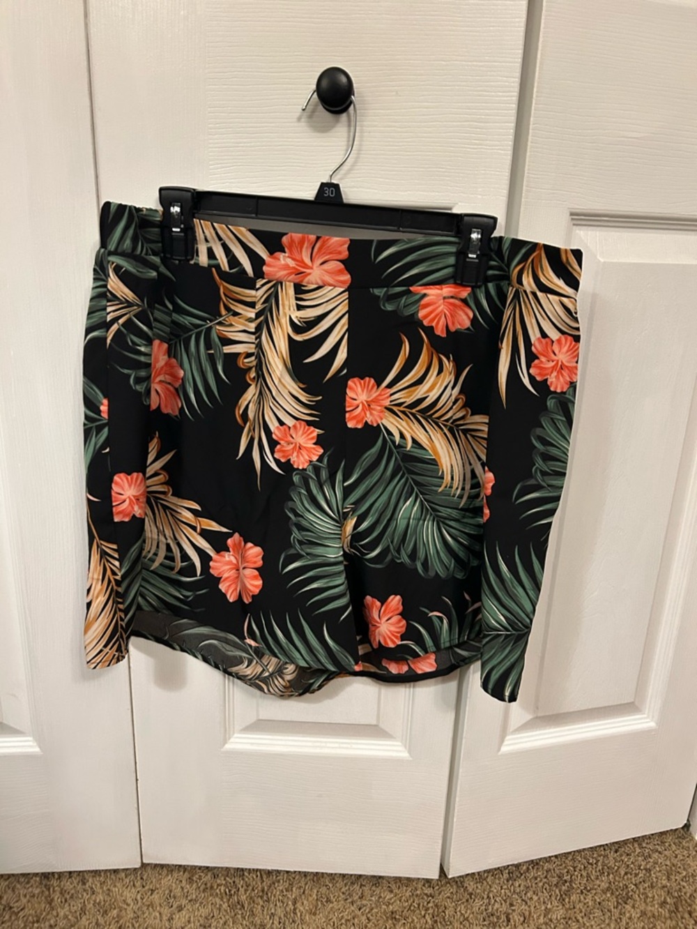 Tropical Floral Black shorts- Coral & Green Print